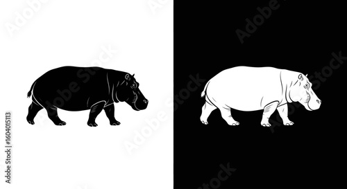 A black and white illustration of a hippopotamus, shown in profile view, against contrasting backgrounds.