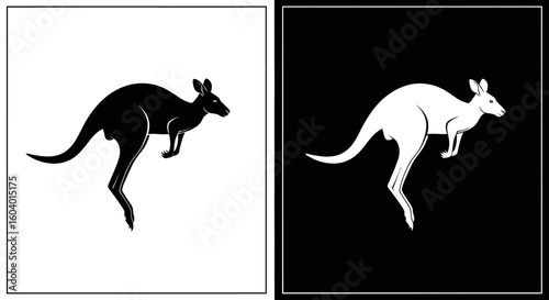 Silhouette of a kangaroo in motion, depicted in both black on white and white on black, showcasing a stark contrast.
