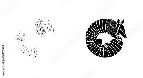 Two armadillo illustrations, one a dotted outline and the other a solid black silhouette, both curled up in a defensive posture.
