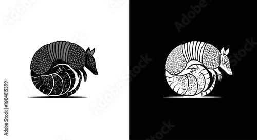 Stylized illustration of an armadillo curled into a circular shape, presented in both black and white versions against contrasting backgrounds.
