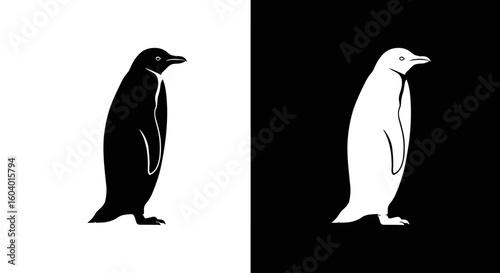 A minimalist black and white design featuring two penguins standing side-by-side in profile.
