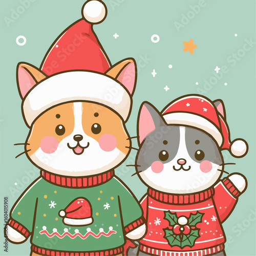 illustration of a dog and cat in Christmas clothes