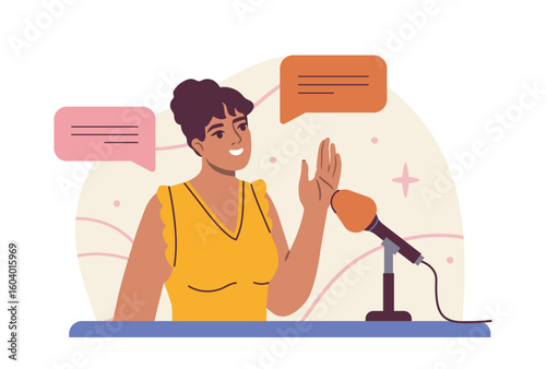 Woman speaking confidently into a microphone with speech bubbles, flat cartoon style, abstract background, concept of communication and public speaking. Vector illustration