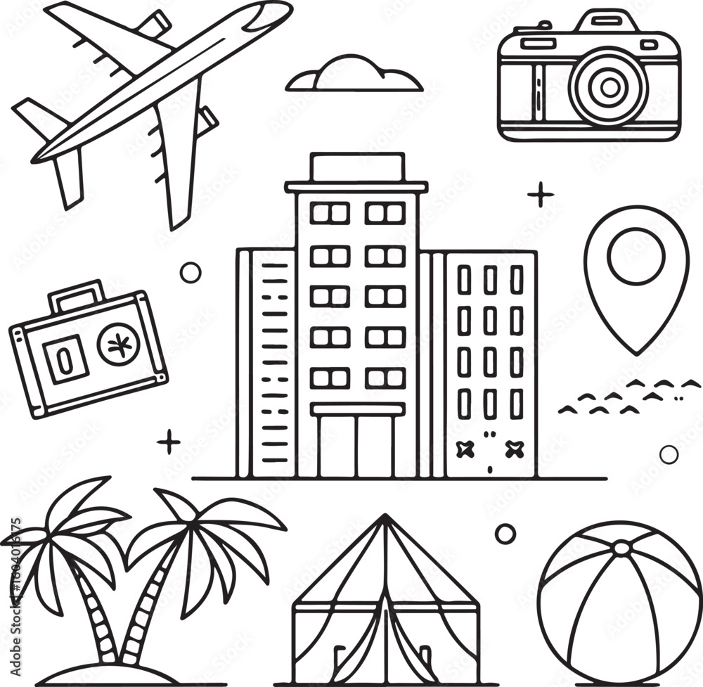 Fototapeta premium Black and White Travel Icons Set – Line Art Style Vacation, Camping, and Adventure Elements