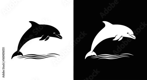 Two stylized dolphins, one black and one white, leap joyfully from stylized waves against contrasting backgrounds.
