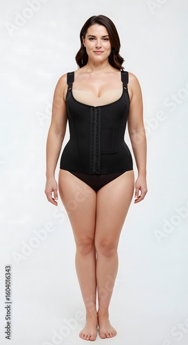 Woman wearing a medical back support brace over casual clothing, standing indoors. Perfect for health, recovery, posture correction, and orthopedic or physiotherapy-related visuals.