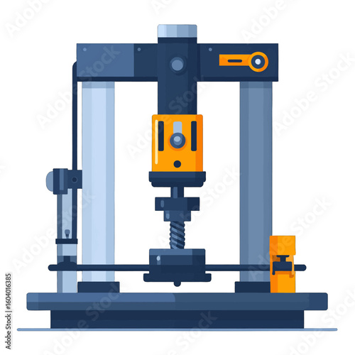 Flat vector illustration of a blue and orange industrial press machine with a central screw mechanism.