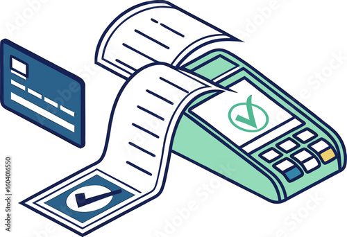 Isometric view of a pos terminal with receipt and credit card showing successful transaction confirmation
