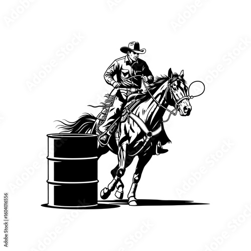 Black and White Vector Silhouette of Cowboy on Galloping Horse Performing Dynamic Barrel Turn in Rodeo Event