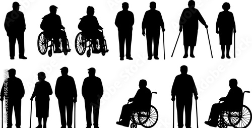 elderly people elderly men elderly women on a wheelchair set. Set of black silhouettes PNG
