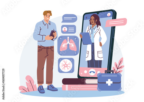Man using tablet for digital healthcare with female doctor on video call, flat style, white background, concept of telemedicine and remote diagnosis. Vector illustration