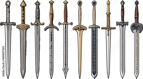 Epic collection of medieval swords for fantasy games, historical reenactments, or role-playing adventures with unique designs and ornate details