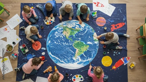 Young children are gathered on the floor, enthusiastically painting a large depiction of planet earth