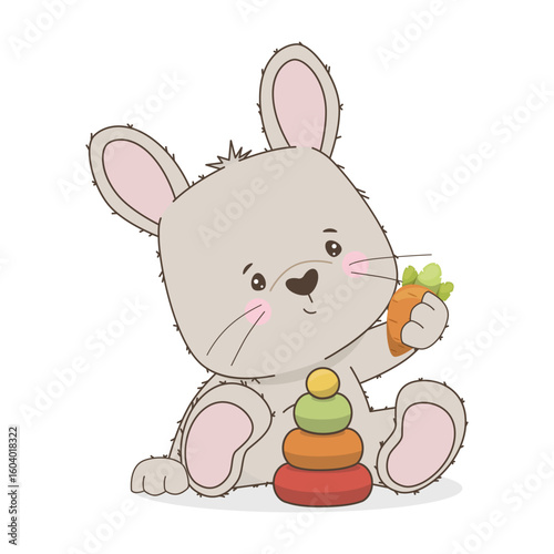 Cute bunny holding a carrot while sitting next to a colorful toy in a fun and playful vector illustration. Perfect for children s designs and storytelling imagery.