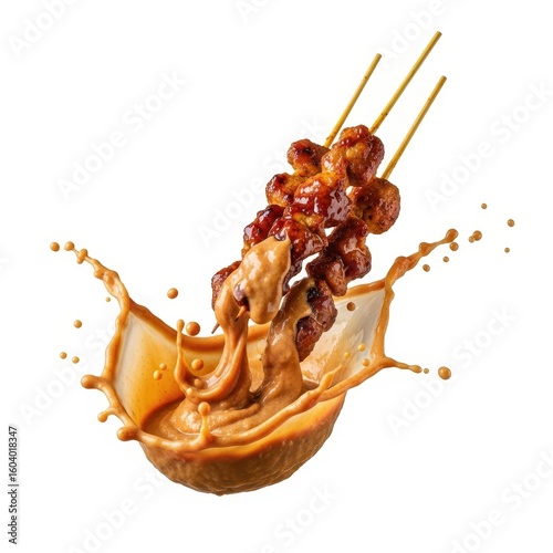 Chicken satay with peanut sauce splashing