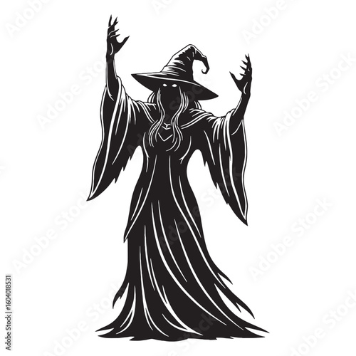 Elegance and darkness combined – Witch silhouette crafted with classic Witch vector – Witch illustration – Halloween silhouette

