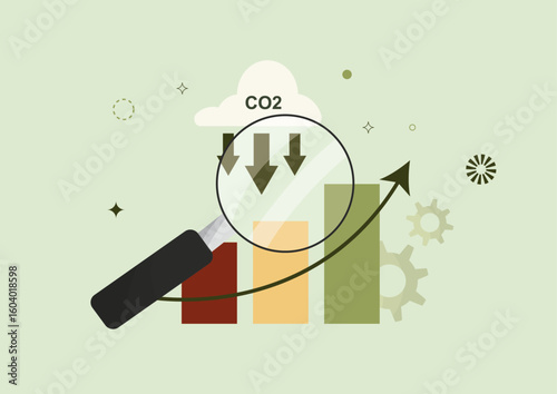 CO2 Emissions Data Analysis. Magnifying glass examining CO2 emissions with bar chart showing upward growth trend, representing carbon footprint data analysis and statistics.  Vector illustration