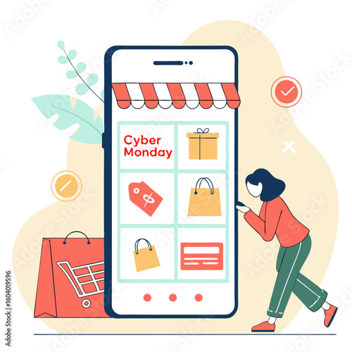 Woman shopping on cyber monday sale using smartphone with shopping bag and gifts on the screen display