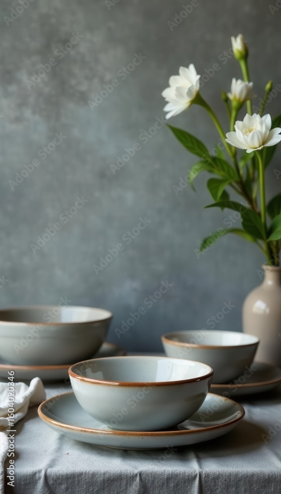 Fototapeta premium Grey ceramic plates, concrete backdrop Stylish table setting , dining, contemporary