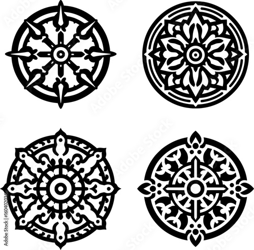 set of four black and white vector icon of the dharma wheel with 8 spokes, symbolizing buddhist path and balance