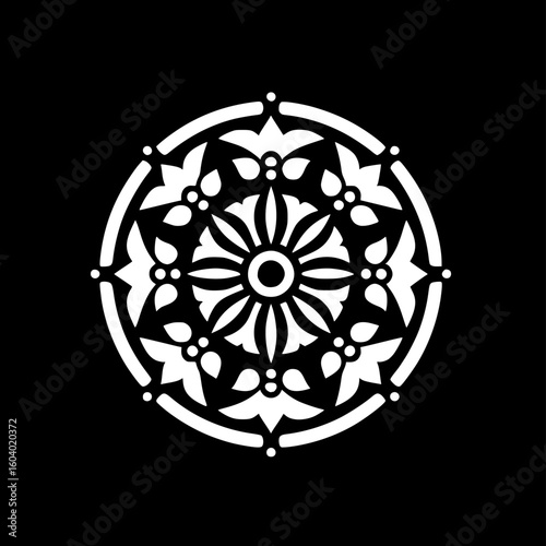 set of four black and white vector icon of the dharma wheel with 8 spokes, symbolizing buddhist path and balance