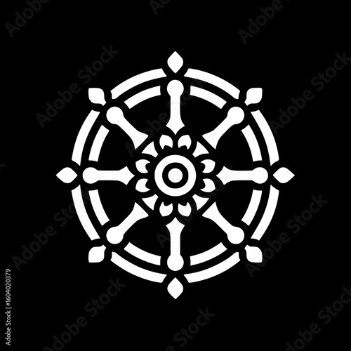 set of four black and white vector icon of the dharma wheel with 8 spokes, symbolizing buddhist path and balance
