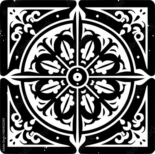set of four black and white vector icon of the dharma wheel with 8 spokes, symbolizing buddhist path and balance