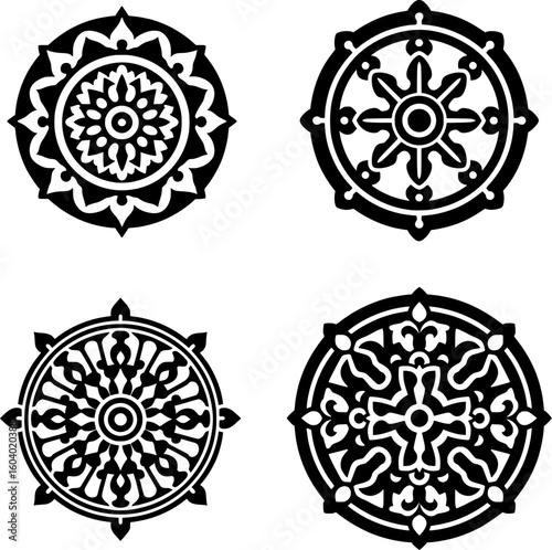 set of four black and white vector icon of the dharma wheel with 8 spokes, symbolizing buddhist path and balance