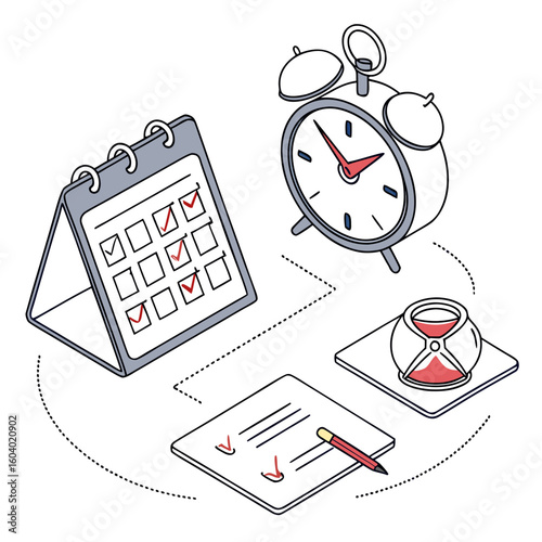 Time management productivity planning schedule calendar alarm clock and hourglass for business success ideas