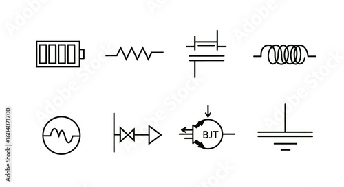Illustration of collection of electronic circuit symbols like battery resistor capacitor inductor diode transistor and ground on white isolated on transparent background