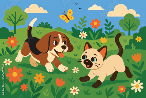 Cartoon illustration of a dog and cat playing in a field with flowers and a butterfly in the sky