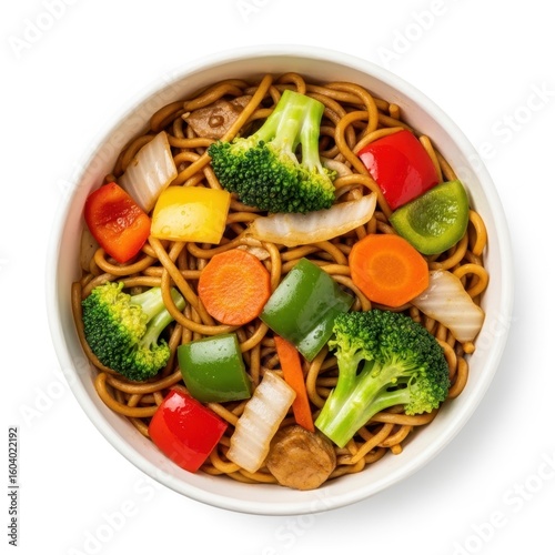 Vegetable stirfry noodles in a bowl overhead view