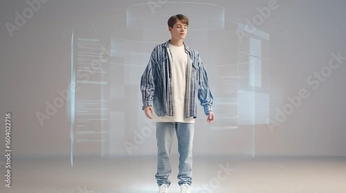Young man standing in futuristic virtual environment with holographic interface around him