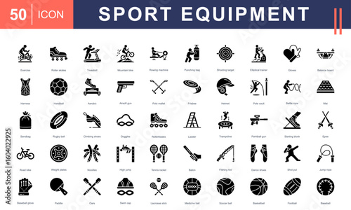 Sport Equipment icon set featuring a wide range of training, game, and fitness gear—perfect for sports centers, athletic branding, workout apps, and physical education materials.