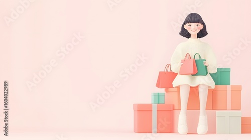 A girl sits on a pile of gift boxes, carrying a shopping bag.