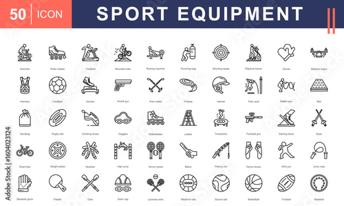 Sport Equipment icon set featuring a wide range of training, game, and fitness gear—perfect for sports centers, athletic branding, workout apps, and physical education materials.