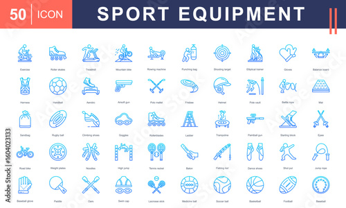 Sport Equipment icon set featuring a wide range of training, game, and fitness gear—perfect for sports centers, athletic branding, workout apps, and physical education materials.
