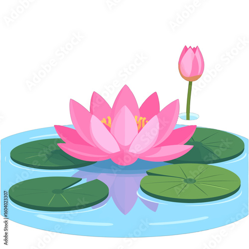 Stylized pink lotus flower and bud floating on calm blue water with green lily pads.