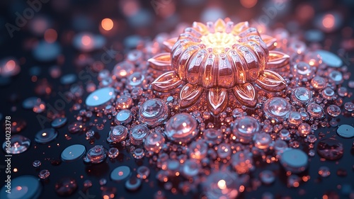 Abstract Glowing Metal Flower with Reflective Spheres:  3D Render of Ornate Botanical Design