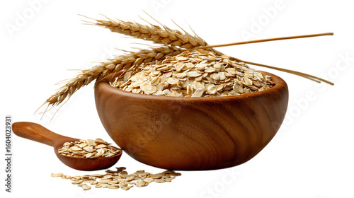 Wooden bowl filled with rolled oats and wheat stalks isolated on transparent background