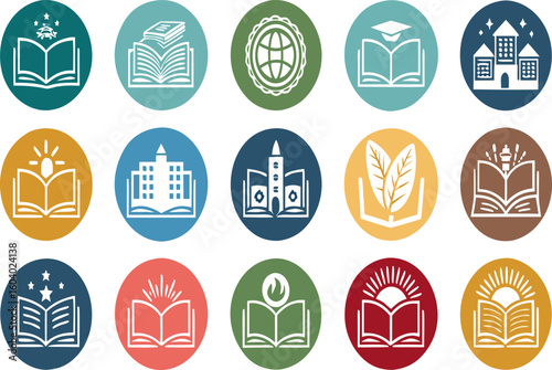 Fifteen book icons representing education, learning and academic growth, perfect for schools, libraries, and online courses branding needs