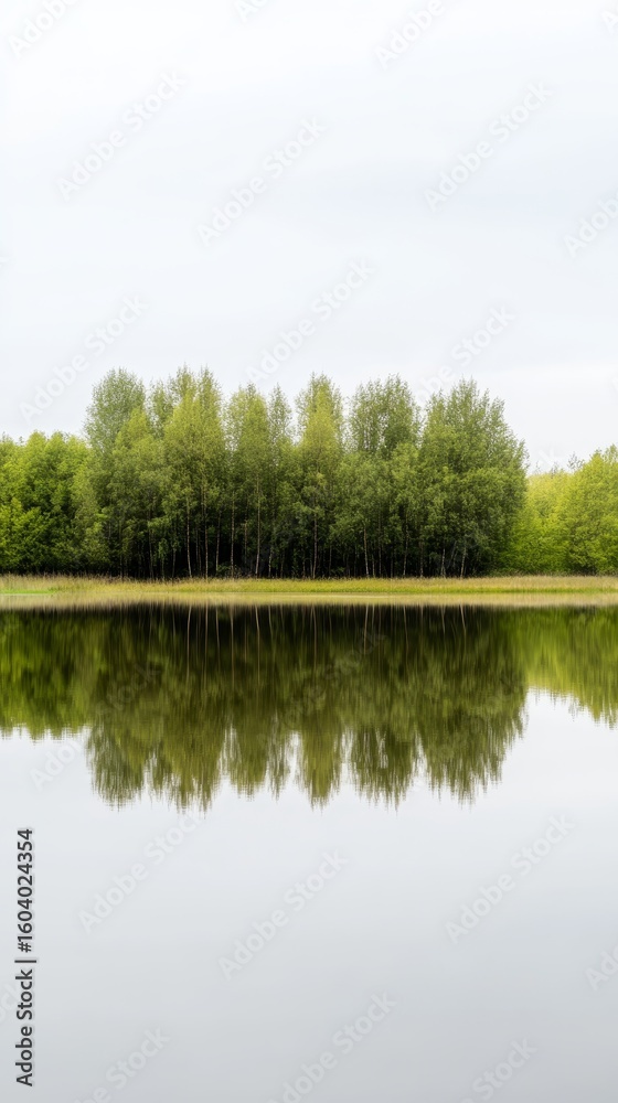 Obraz premium Serene Lake Reflection of Lush Green Trees Under a Calm Sky Tranquil Nature Landscape Photography for Peaceful Ambiance and Outdoor Beauty