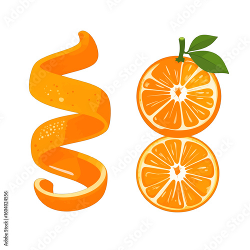 Set of cartoon orange fruit elements, including two juicy slices and a long, spiraled peel with a textured rind.