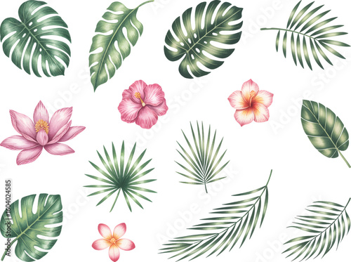 Tropical watercolor flowers and leaves with hibiscus and bird of paradise. Hand painted botanical exotic tropical blooms and palm leaves.