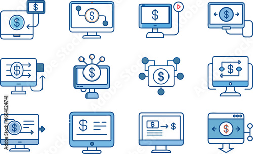 Illustrated collection of various computer screens depicting online financial transactions and dollar currency symbols.