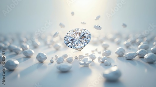 Brilliant Diamond Gemstone Floating Above Sparkling White Pebbles: Luxury Jewelry Background