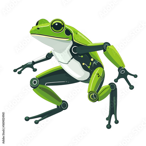Sleek green and black robotic frog with articulated limbs and visible circuitry.
