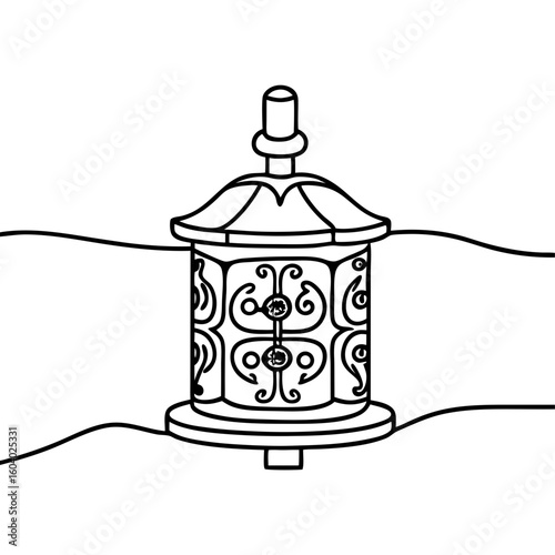 Prayer wheel with symbols illustrated as a simple line drawing. Prayer wheel design showcases religious symbols of Buddhism on its surface, with horizontal lines suggesting movement.