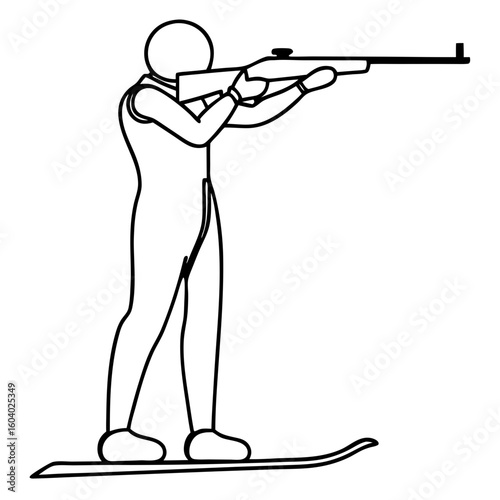 Line art of biathlon shooting stance with rifle and skis, a winter sport pursuit, executed with precision. Line art portrays biathlon shooting event, where focus, physical fitness.