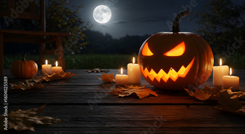 Creepy carved pumpkin Jack-o'-lantern with burning candles on a dark night under a full moon for a festive Halloween celebration.